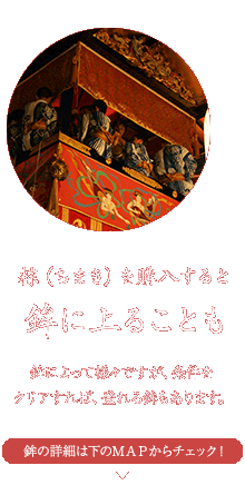 粽（ちまき）を購入すると　鉾に上ることも　鉾によって様々ですが、条件をクリアすれば、登れる鉾もあります。